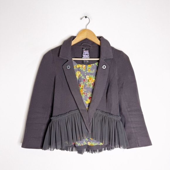 Free People Jackets & Blazers - Free People Vintage Grey Knit Tulle Ruffle Peplum Jacket Blazer Size 6